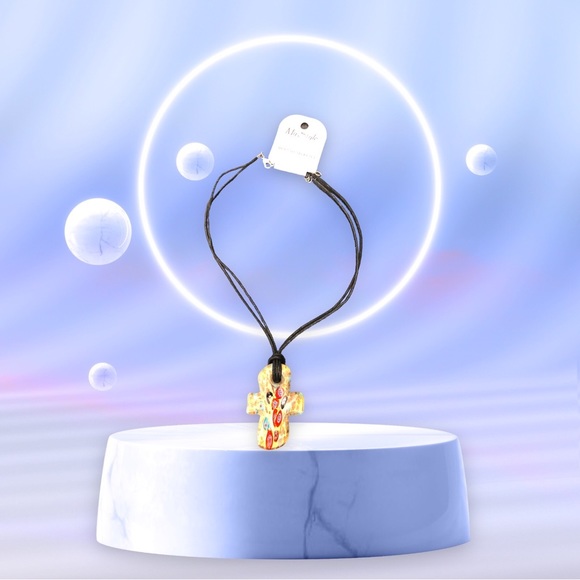 Murano Jewelry - Murano Gold/Blue Cross Pendant Necklace with Black Chord